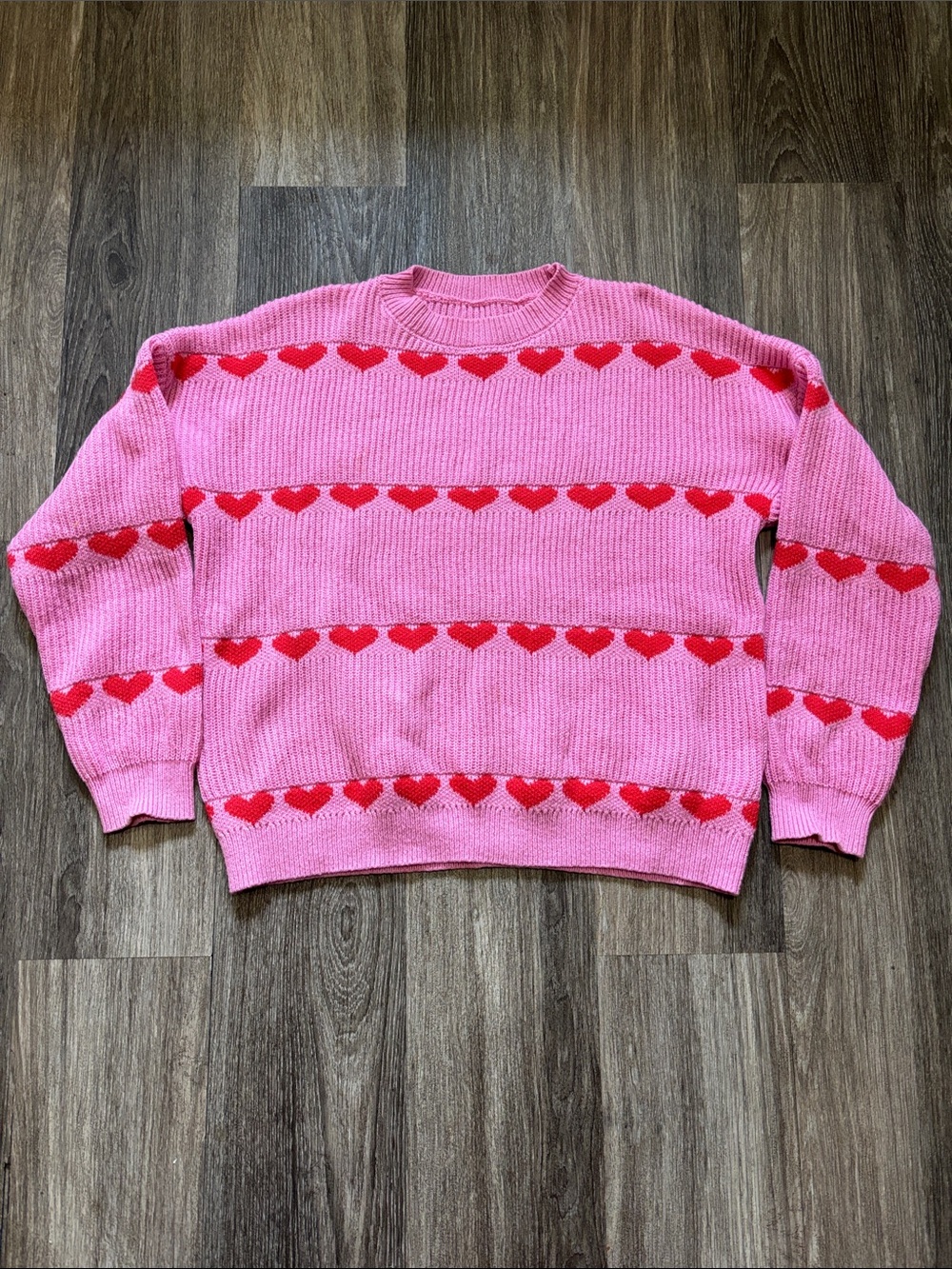 Pink Heart-Striped Crewneck Sweater